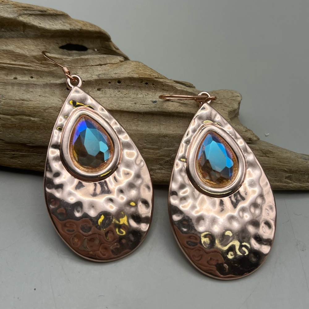 Elegant Copper Teardrop Earrings with Iridescent Accents Glamour Gift Idea